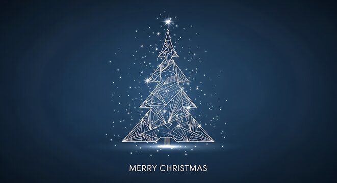 Abstract glowing christmas tree made of geometric shapes and particles on a dark blue background with subtle snow effect and merry christmas text