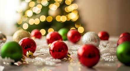 Close up of festive red green and silver christmas ornaments scattered on a table with a softly blurred bokeh background of a lit christmas tree creating a warm holiday atmosphere