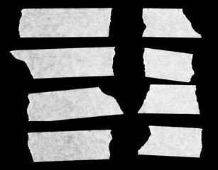 Set of Torn White Adhesive Tape Pieces on Black Background – Realistic Masking Tape Texture...