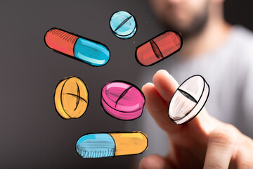 Hand interacting with digital pills, healthcare, medicine, pharmacy, treatment, wellness, health, medical, drugs, capsule, tablet, vitamin