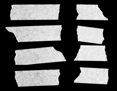 Set of Torn White Adhesive Tape Pieces on Black Background &ndash; Realistic Masking Tape Texture Collection