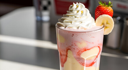 Delicious and refreshing strawberry banana milkshake with whipped cream in a glass