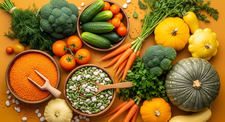 Colorful Autumn Healthy Food Display: Fresh Vegetables and Legumes for Wholesome Meals, a Vibrant Harvest of Seasonal Produce.