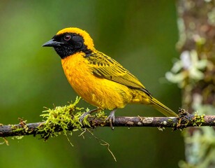 Naklejka premium A vibrant, small bird with striking yellow plumage and a black face perches on a moss-covered branch against a blurred, green backdrop