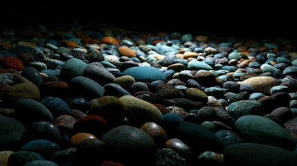 Obraz premium Hyperrealistic Macro Shot of Assorted River Stones with Intricate Textures, Top-Down Perspective in Dim Natural Light, Evoking Tranquility and Natural Beauty