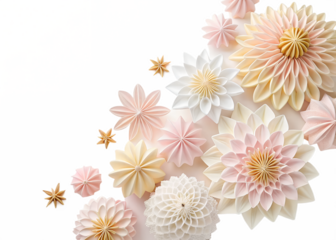 Delicate pastel paper flowers arranged in a beautiful cascade on a black background isolated on transparent background