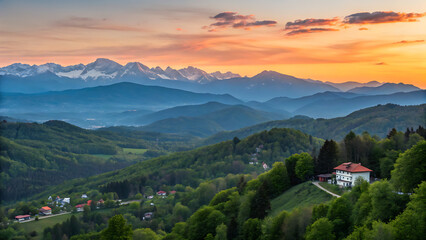 surrounded by rugged, rocky terrain. In the foreground, colorful prayer flags in red, yellow, green, blue, and white are strung along the left side, adding a cultural element to the scene