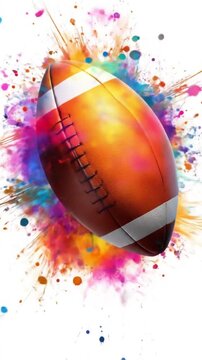 Vibrant football bursts with color as paint splashes surround a glossy ball in motion, lively. vivid