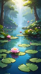 Lush, serene landscape of a still lake with water lilies and trees