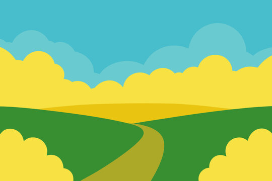 Stylized landscape with rolling green hills and a winding path under a blue sky with yellow clouds