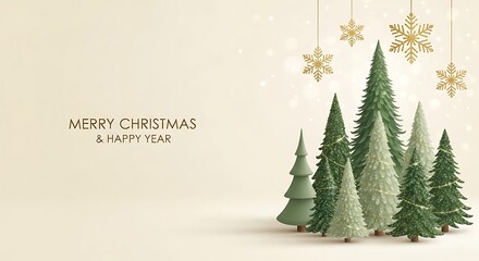 Festive christmas card with a cluster of stylized green pine trees and golden star ornaments hanging against a soft cream background with merry christmas text
