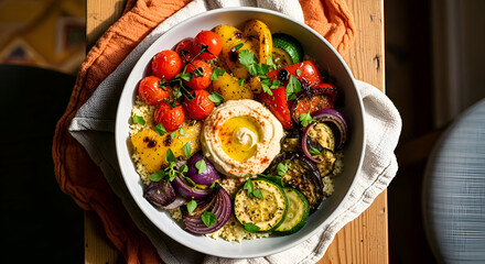Delicious and Healthy Mediterranean Bowl with Fresh Vegetables and Hummus Closeup