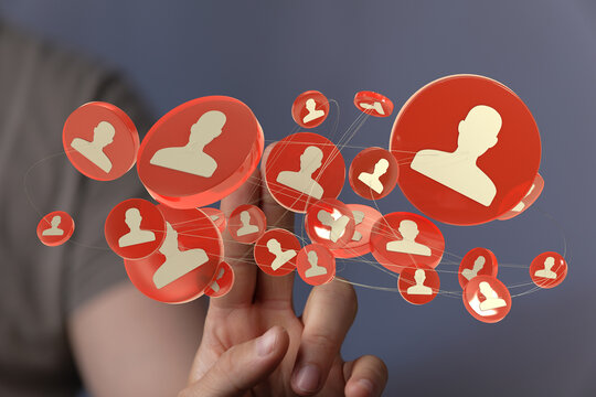 A 3D render of red people icons connected by dots on a finger representing community and business connections.
