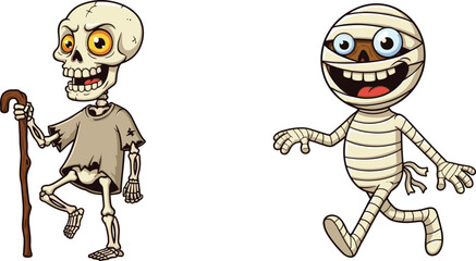 cartoon skeleton character, cartoon mummy illustration, halloween costume clipart, spooky cartoon art, funny halloween drawing, creepy costume design, playful scary artwork
