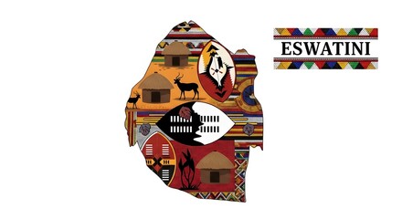 Fototapeta premium Map of the Kingdom of Eswatini filled with traditional Swazi cultural symbols, patterns, and national emblems representing African heritage