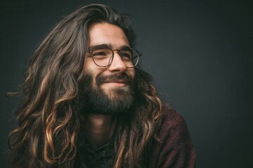 Bearded young hipster with long hair and glasses smiling while gazing thoughtfully to the side