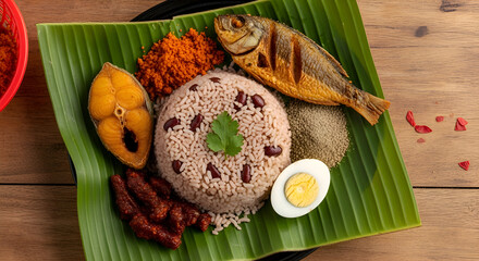 Delicious and Traditional Jamaican Meal with Rice, Fish, Eggs and Spices on Banana Leaf
