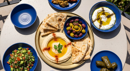 Delicious and Vibrant Middle Eastern Mezze Platter with Hummus and Olives, Freshly Served
