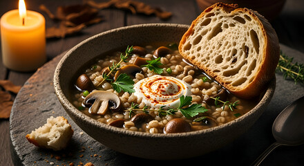Delicious and Warm Bowl of Mushroom Soup with a Bread Slice, Candle Light and Cozy Scene