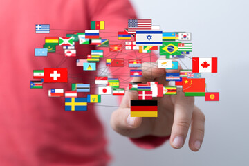 A modern concept illustrating global communication and connections, with a network of flags representing different countries.  Ideal for interna