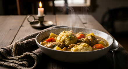 Delicious and warm chicken and dumpling soup served with candle light dinner on a wooden table