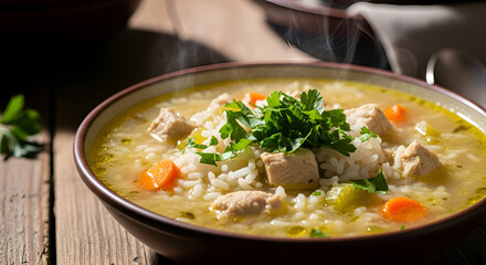 Delicious and Warm Chicken Rice Soup in a Bowl on a Rustic Wooden Table, Close-Up View