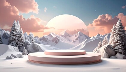 Pink pedestal in winterscape scene, with snowy mountains and trees