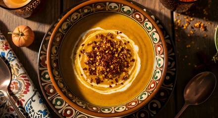 Delicious and warm pumpkin soup served in a decorated bowl for autumn season