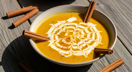 Delicious and warm pumpkin soup with cinnamon sticks on a wooden table detail