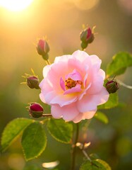 Obraz premium Pink rose bloom surrounded by unopened buds with golden sunlight
