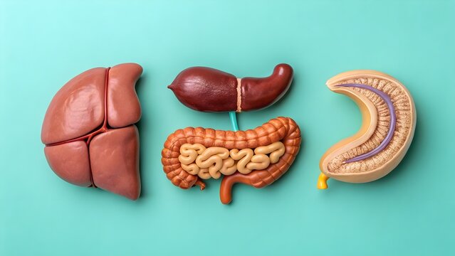 Digestive system organs arranged against a teal backdrop