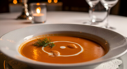 Delicious and Warm Tomato Soup in Fine Dining Restaurant, Perfect for Gourmet Food