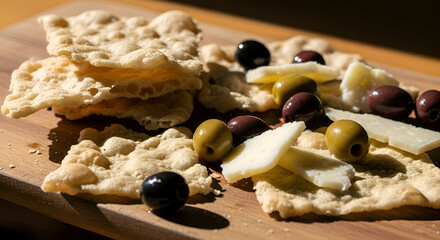 Delicious appetizer featuring crackers, cheese, and olives displayed on a wooden surface