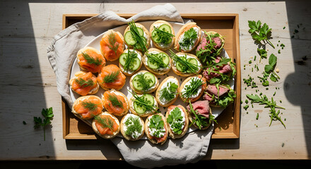 Delicious appetizer platter with gourmet toppings served on a wooden tray with herbs