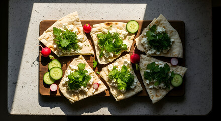 Delicious appetizer with bread, cheese, herbs, radish, and cucumber on a wooden board at sunlight