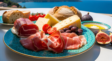 Delicious appetizer platter with prosciutto cheese tomatoes olives bread and sea view