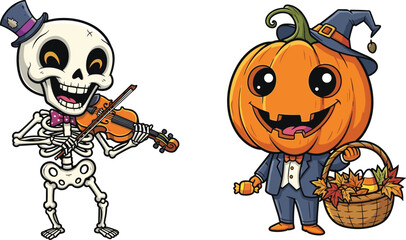 cartoon skeleton playing violin, pumpkin head character, halloween costume illustration, spooky cartoon art, funny halloween clipart, festive autumn design, playful scary artwork