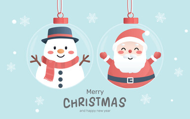 Adorable illustration of a snowman and Santa in Christmas ornaments, perfect for festive decorations, holiday greetings, and cheerful winter vibes.