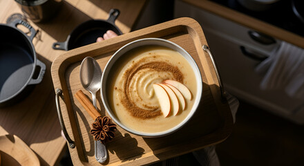 Delicious apple soup with cinnamon and fresh apple slices served on a wooden tray