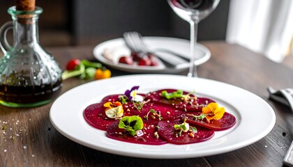 Plate of sliced beet carpaccio with edible flowers, near wine and oil