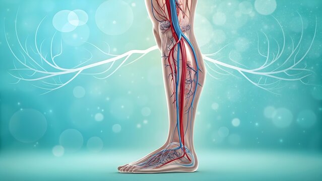 Anatomical leg illustration showing arteries and veins in detail