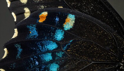 Close-up of a Butterfly Wing with Vibrant Blue and Orange Markings.