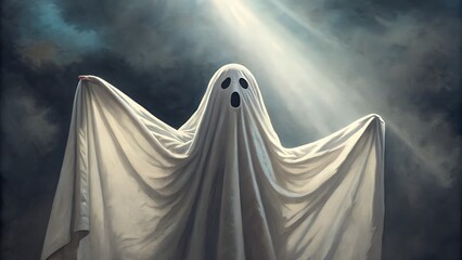 Spooky white sheet ghost with scary face emerging from darkness with dramatic light rays