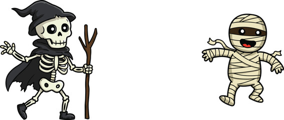 Cartoon skeleton wizard with staff and cheerful mummy dancing together, fun spooky Halloween illustration for kids seasonal festive holiday design