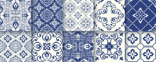 Collection of 10 flower Azulejo tiles. Seamless colorful patterns in azulejo style. Floor tile oriental collection seamless textures. Portugal spanish ceramics. Vector
