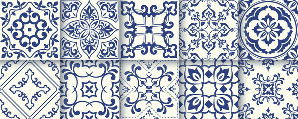 Collection of 10 flower Azulejo tiles. Seamless colorful patterns in azulejo style. Floor tile oriental collection seamless textures. Portugal spanish ceramics. Vector
