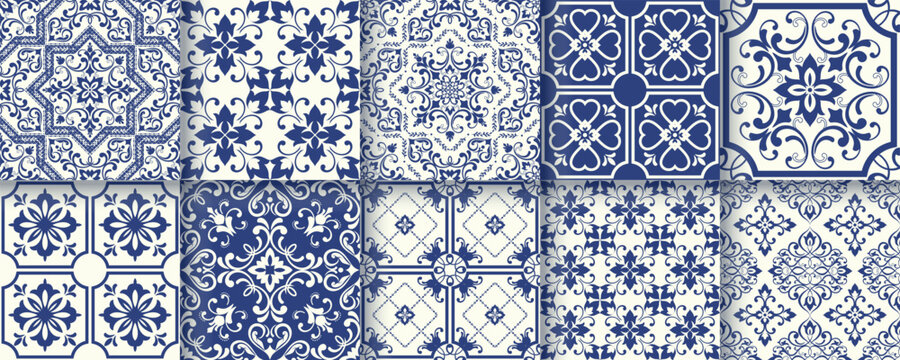 Collection of 10 flower Azulejo tiles. Seamless colorful patterns in azulejo style. Floor tile oriental collection seamless textures. Portugal spanish ceramics. Vector
