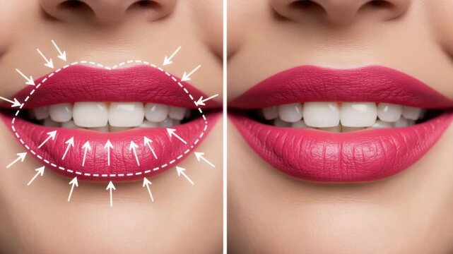 Lip augmentation before and after with red lipstick on a womans lips
