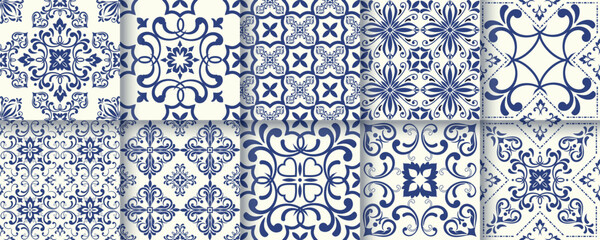 Collection of 10 flower Azulejo tiles. Seamless colorful patterns in azulejo style. Floor tile oriental collection seamless textures. Portugal spanish ceramics. Vector
