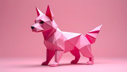 Pink origami dog on pink background, geometric polygonal design